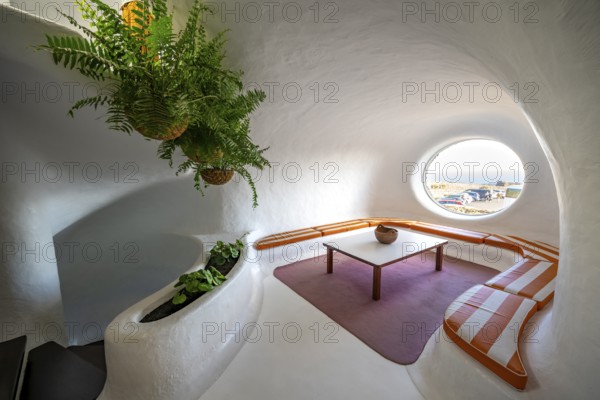 Sitting area, interior at the Mirador del RÃ­o viewpoint, designed by artist César Manrique, Lanzarote, Canary Islands, Spain