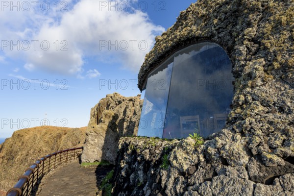 Panoramic window at the Mirador del RÃ­o viewpoint, designed by artist César Manrique, Lanzarote, Canary Islands, Spain