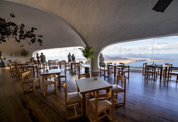 Cafe with panoramic window, interior at the Mirador del RÃ­o viewpoint, designed by artist César Manrique, Lanzarote, Canary Islands, Spain