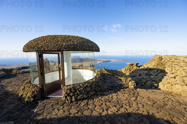 Staircase and viewing platform at the Mirador del RÃ­o viewpoint, in the evening light, designed by artist César Manrique, Lanzarote, Canary Islands, Spain