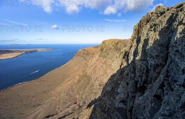 View of steep cliffs by the sea, Mirador del RÃ­o viewpoint designed by artist CÃ©sar Manrique, Lanzarote, Canary Islands, Spain