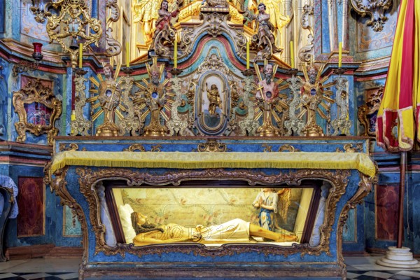 Altar of the Church of Bom Jesus de Matosinhos in the city of Congonhas with various religious symbols and Jesus, Congonhas, Minas Gerais, Brazil