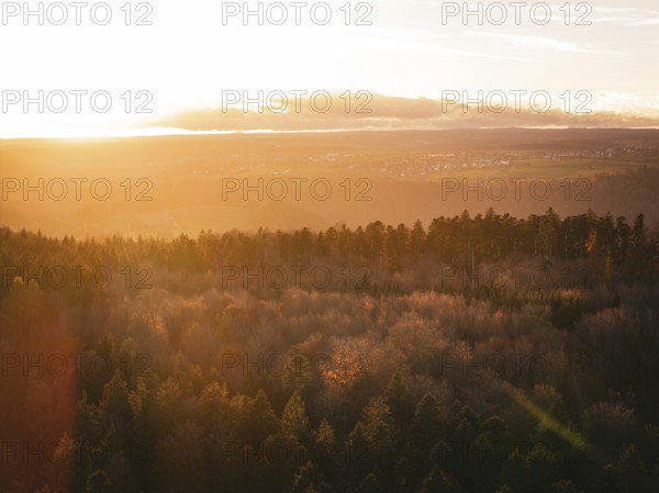 Panoramic view of the countryside with thick trees under a dramatic sunset, Calw County, Germany