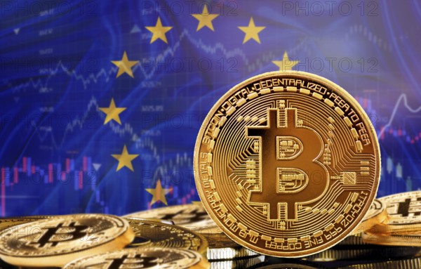 Investors in cryptocurrency and Blockchain Technology in the European Union, Concept. Bitcoin with European Union flag in the background