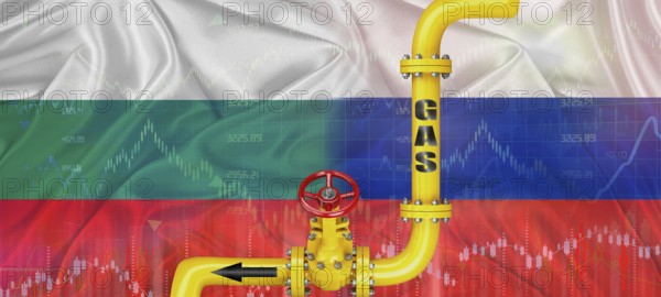 Gas pipeline with Russian and Bulgarian flag. Production and export of Russian gas to Bulgaria