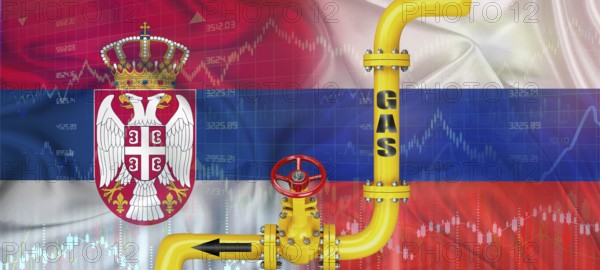 Gas pipeline with Russian and Serbian flag. Production and export of Russian gas to Serbia