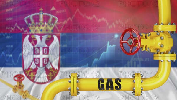 Gas pipeline with Serbia flag in the background. Gas production with Serbian flag on market chart
