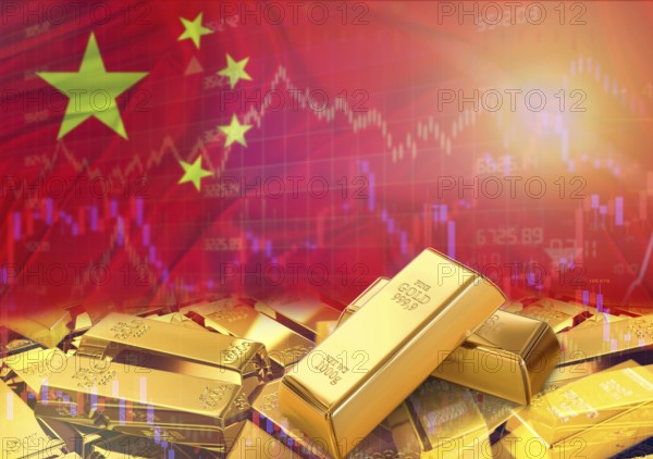 Gold bars on China flag in background. Gold bars stacked on Chinese flag. Concept of China gold reserves