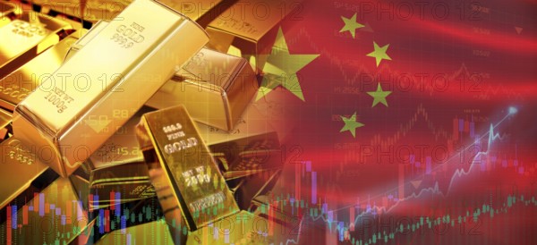 Gold bars stacked on Chinese flag. China gold reserves, Concept