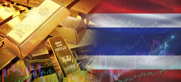 Gold bars stacked on Thai flag. Thailand gold reserves, Concept