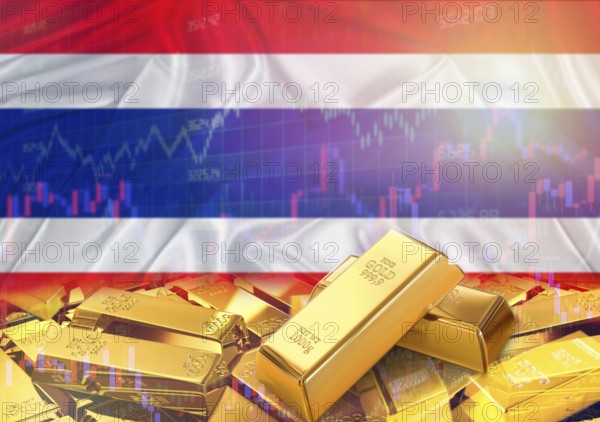 Gold bars on Thailand flag in background. Gold bars stacked on Thai flag. Concept of Thailand gold reserves