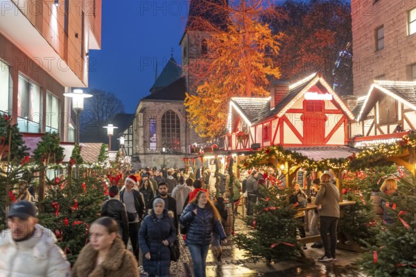 Christmas market in Essen, gastronomy, fire forest, at Essen Cathedral, Kettwiger StraÃŸe shopping street, pedestrian zone, full, lots of people shopping, Christmas lights, Christmas market stalls, Essen Light Weeks, Essen, North Rhine-Westphalia, Germany