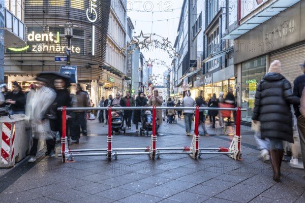 Pedestrian zone in Essen, secured by a mobile anti-terrorist lock, modular, movable barrier against car and truck shooting, are opened or closed by a security guard as required, model Herner Truck Lock, HTS, Limbecker StraÃŸe, in Essen, North Rhine-Westphalia, Germany