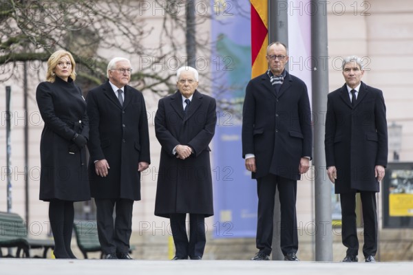 Julia Klöckner (President of the German Bundestag), Frank-Walter Steinmeier (Federal President), H.E. Sergio Mattarella (Italian President), Friedrich Merz (Federal Chancellor) and Prof. Dr. Stephan Harbarth (President of the Federal Constitutional Court) in front of the New Guard following the laying of a wreath on Memorial Day in the Central Memorial of the Federal Republic of Germany for victims of war and tyranny. Berlin, 16.11.2025