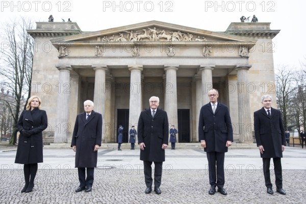 Julia Klöckner (President of the German Bundestag), H.E. Sergio Mattarella (Italian President), Frank-Walter Steinmeier (Federal President), Friedrich Merz (Federal Chancellor) and Prof. Dr. Stephan Harbarth (President of the Federal Constitutional Court) in front of the New Guard following the laying of a wreath on Memorial Day in the Central Memorial of the Federal Republic of Germany for victims of war and tyranny. Berlin, 16.11.2025