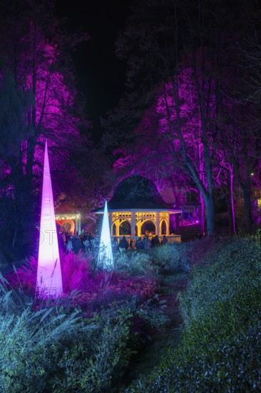 Light art, light installation, illuminated sculptures in the city garden of the city of Radolfzell am Lake Constance, as part of the Radolfzell Lichtblicke event and art campaign, supported by the Ministry of Labour, Economy and Tourism Baden-WÃ¼rttemberg, Konstanz district, Baden-WÃ¼rttemberg, Germany