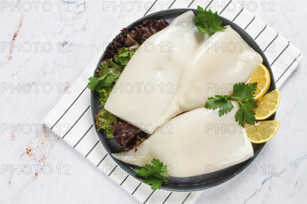 Fresh squid on a black plate with greens and lemon slices prepared for cooking in a kitchen setting