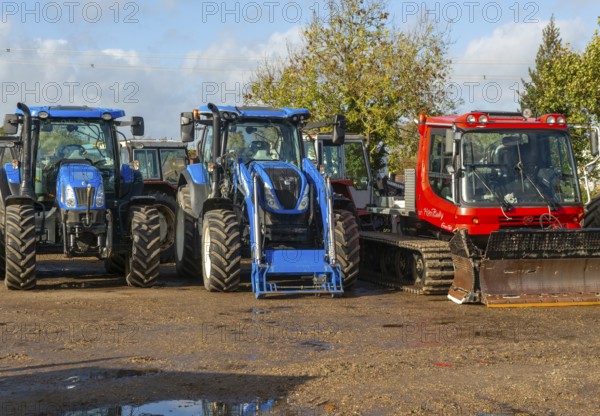 Secondhand tractors farm machinery lined up for sale at auction, Campsea Ashe, Suffolk, England, UK