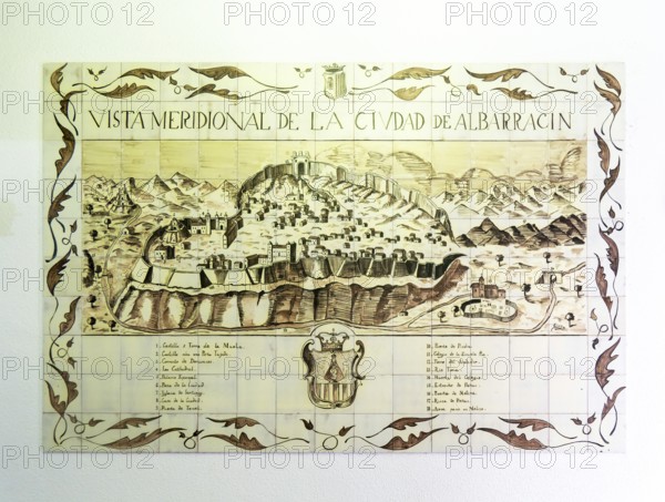 Historic ceramic tiles view of medieval fortified walled town, AlbarracÃ­n, Teruel province, Aragon, Spain