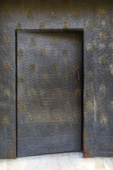 Ancient wooden door entrance to former convent, Hotel Arabia, AlbarracÃ­n, Teruel province, Aragon, Spain