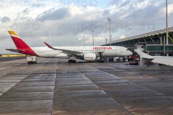 Iberia Airbus A350 passenger aircraft, Terminal 4, Adolfo SuÃ¡rez Madridâ€“Barajas airport, Madrid, Spain