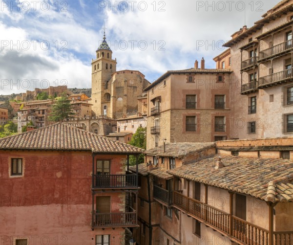 Historic buildings in medieval village of AlbarracÃ­n, Teruel province, Aragon, Spain view to cathedral church of San Salvador