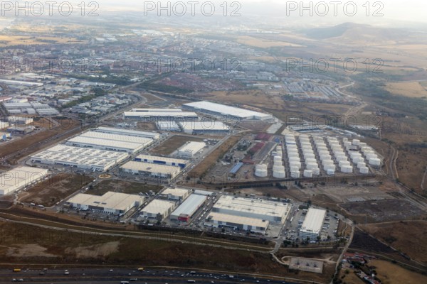 Oblique angle aerial view Las Monjas Industrial Park, PolÃ­gono Industrial Las Monjas, TorrejÃ³n de Ardoz, Madrid, Spain