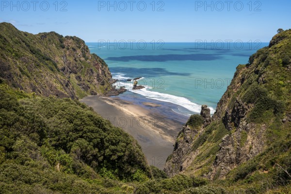 Landscape in New Zealand with sea and sandy beach. View of Mercer Bay. Mercer Bay Loop Walk hiking trail. Mercer Bay, Waitakere Ranges, West Auckland, New Zealand