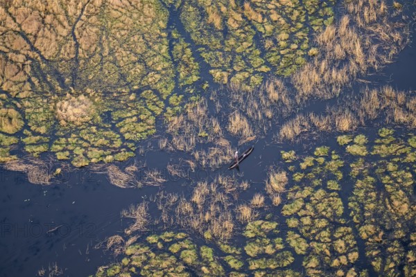 Marshland, marshland, Kavango fishermen with dugout boat, Mokoro, aerial view, Okavango Delta, Botswana