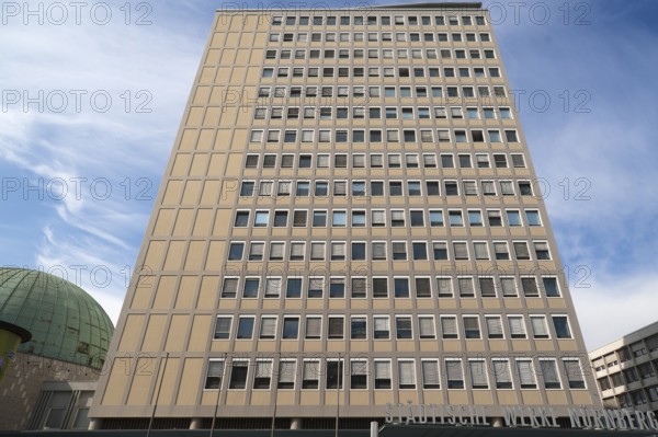 Facade of the heritage-protected PlÃ¤rrer skyscraper from the 1950s, today EWAG skyscraper, Nuremberg, Middle Franconia, Bavaria, Germany