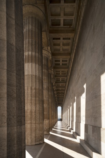 Outer colonnade of the Valhalla Memorial, built as a Greek temple in the style of a Doric Peripteros, honoring important personalities since 1842, Danube on the Danube, Upper Palatinate, Bavaria, Germany