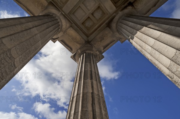 Detail of the outer portico of the Valhalla Memorial, built as a Greek temple in the style of a Doric Peripteros, honoring important personalities since 1842, Danube on the Danube, Upper Palatinate, Bavaria, Germany