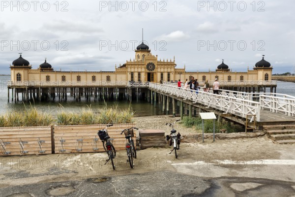 Kallbadhuset Varberg, cold bath house and sauna on the beach, Moorish style, visitors on wooden bridge, Varberg, Halland, Kattegat, Sweden