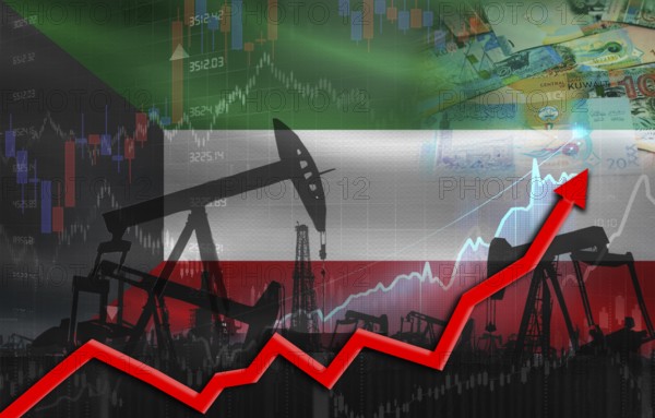 Oil production with Kuwaiti flag, petrol industry. Oil pumps with Kuwaiti flag