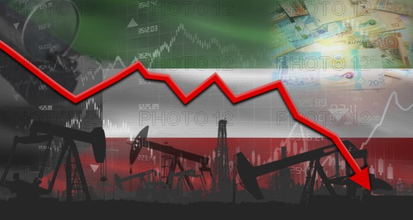 Fall oil price with Kuwaiti flag on economic chart, Petrol crisis with Kuwaiti flag on financial graph