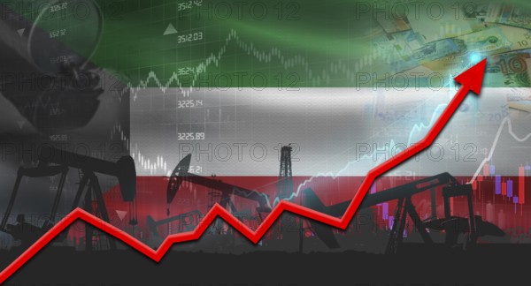 Growth of oil industry with Kuwaiti flag. Oil pumps with Kuwaiti flag. Oil production with Kuwait flag