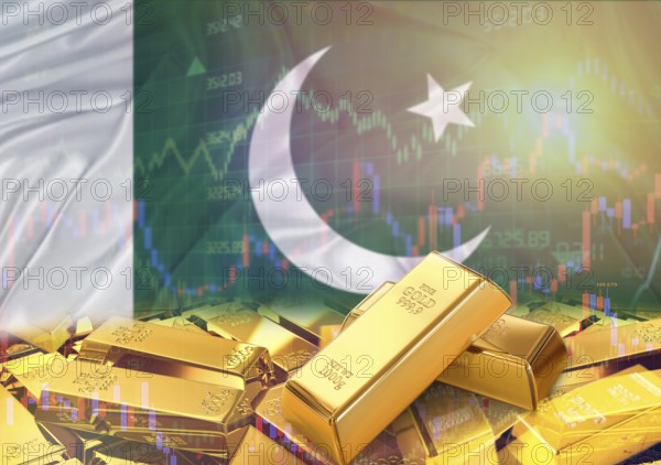 Gold bars on Pakistan flag in background. Gold bars stacked on Pakistani flag. Concept of Pakistan gold reserves