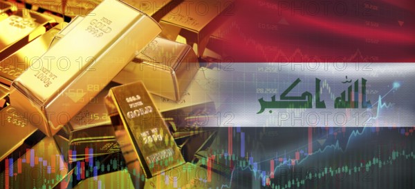 Gold bars stacked on Iraqi flag. Iraq gold reserves, Concept
