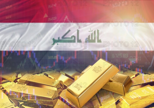 Gold bars on Iraq flag in background. Gold bars stacked on Iraqi flag. Concept of Iraq gold reserves