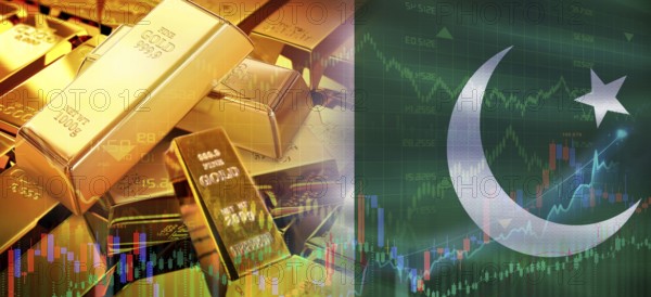 Gold bars stacked on Pakistani flag. Pakistan gold reserves, Concept