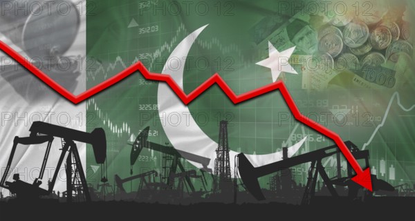 Fall oil price with Pakistani flag on economic chart, Petrol crisis with Pakistani flag on financial graph