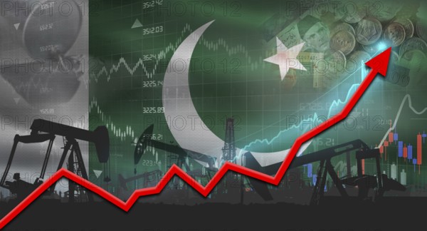Growth of oil industry with Pakistani flag. Oil pumps with Pakistani flag. Oil production with Pakistan flag