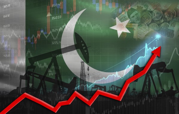 Oil production with Pakistan flag, petrol industry. Oil pumps with Pakistani flag