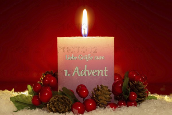 Greetings for the 1st Advent: Candle with the inscription GREETINGS FOR THE 1ST ADVENT (digitally reworked)