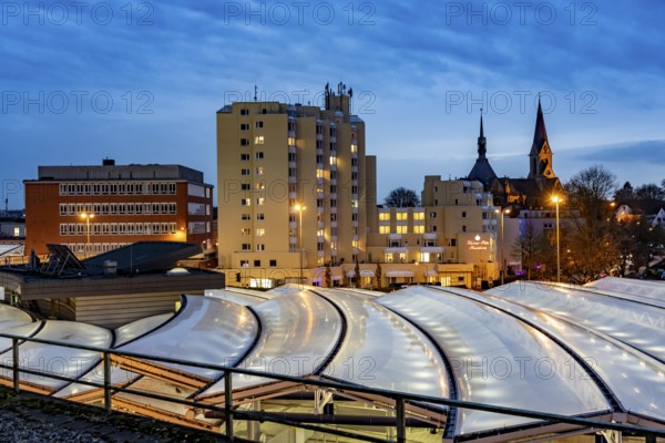 Skyline of Essen-Steele, high-rise building of the Kaiser-Otto-Residenz seniors residence, St. Lawrence, roof of the S-Bahn and bus station, public transport hub Steeler Platz, Essen North Rhine-Westphalia, Germany