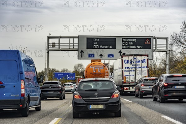 Traffic jam on the A42 motorway in front of the Oberhausen-West motorway junction, during the full closure of the A3 at the Kaiserberg junction for several days, during the 8-year renovation of the motorway junction in Duisburg, A3 with the A40, North Rhine-Westphalia, Germany