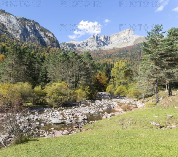 Mountain landscape view river at Selva de Oza, Valle de Hecho, Pyrenees Mountains, Huesca province, Aragon, Spain