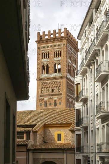 Mudéjar architecture of Torre de El Salvador church tower, city of Teruel, Aragon, Spain