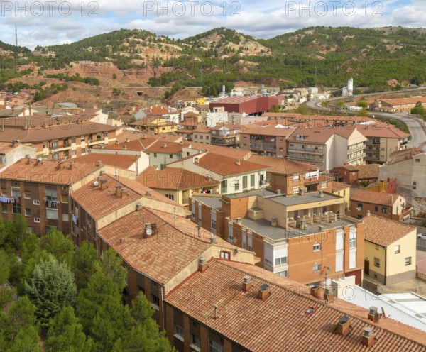 Rooftops of apartment block buildings in lower housing area to east of city centre of Teruel, Aragon, Spain