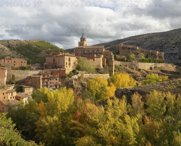 Historic buildings on hillside medieval village of Albarracin, Teruel province, Aragon, Spain